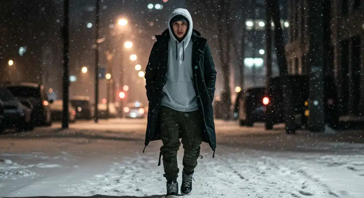 Functional layered outfit in snowy urban environment