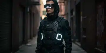 Futuristic techwear fashion with integrated gadgets in an urban setting
