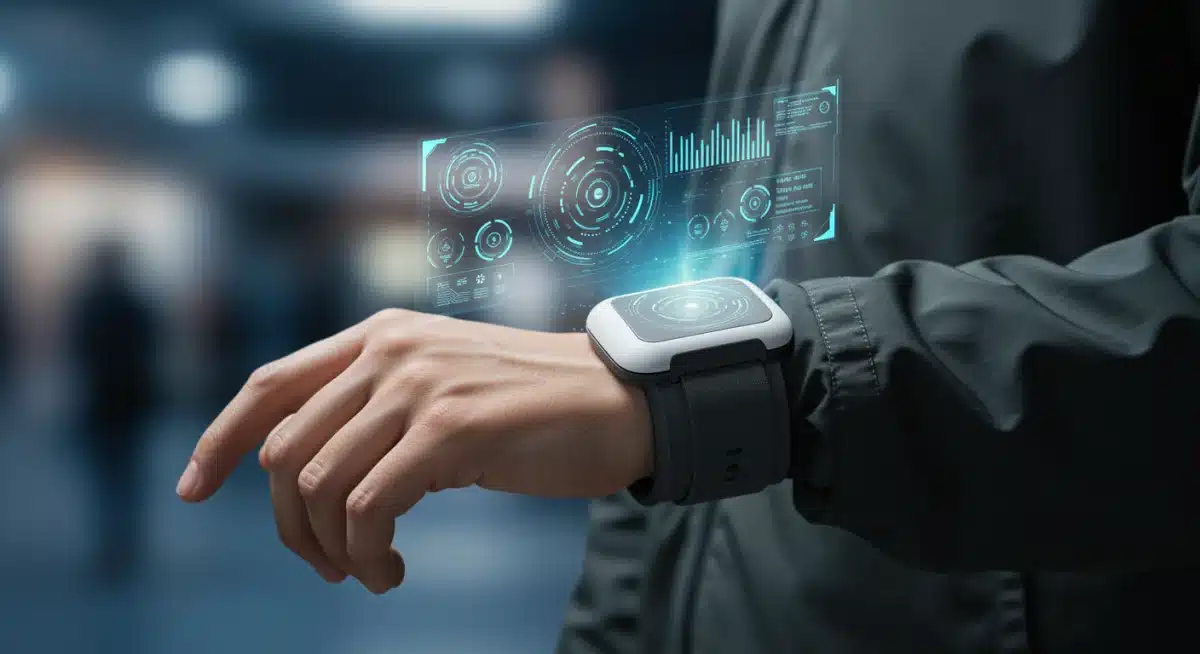 Holographic wrist interface on a techwear gadget, displaying data in an urban setting.