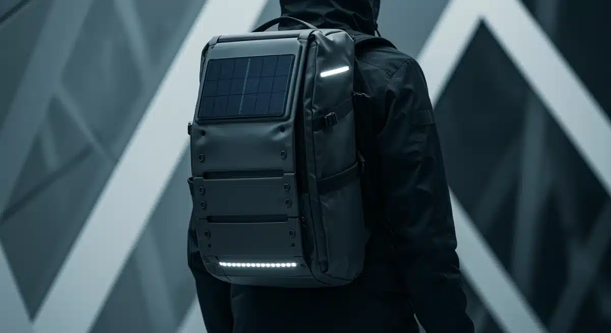 Modular techwear backpack with integrated solar panels and LED lighting for urban exploration.