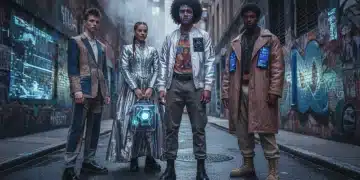 Youth embracing futuristic and vintage fashion in an urban art setting, showcasing emerging subculture trends.