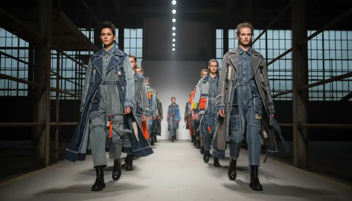 Gender-fluid, upcycled fashion on a runway, symbolizing sustainable subculture style.