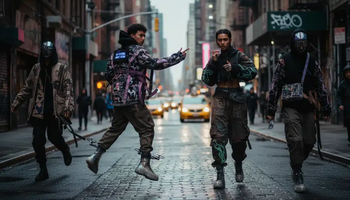 Street style showcasing new pieces from a 2026 underground fashion collaboration in an urban setting.