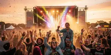 Vibrant crowd enjoying an alternative music festival at sunset, stage lit.