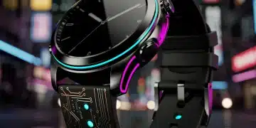 Customized smartwatch with metallic accents and neon lights, embodying an alternative tech aesthetic.