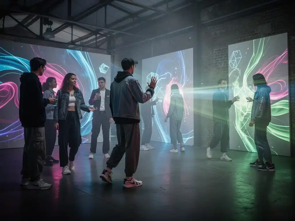 Visitors interacting with digital projections at an immersive art exhibit.