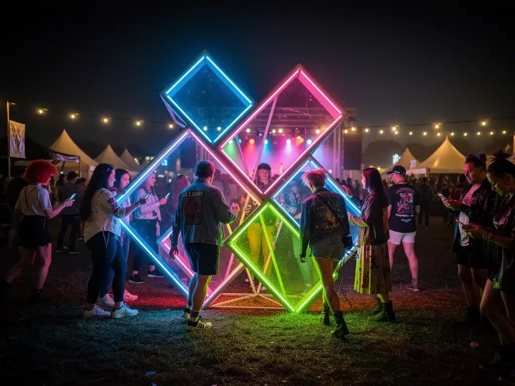 Avant-garde art installation at alternative music festival with interacting attendees.