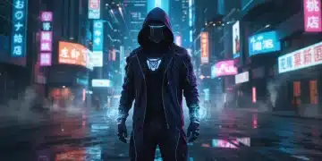 Futuristic techwear ensemble with glowing accessories in an urban night scene.