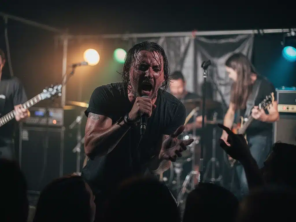 Band performing passionately on intimate stage at alternative music festival.