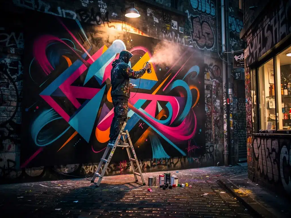 Artist painting a large-scale mural in a hidden urban alley.