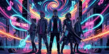 Dynamic illustration of diverse subcultures converging through music in an urban setting.