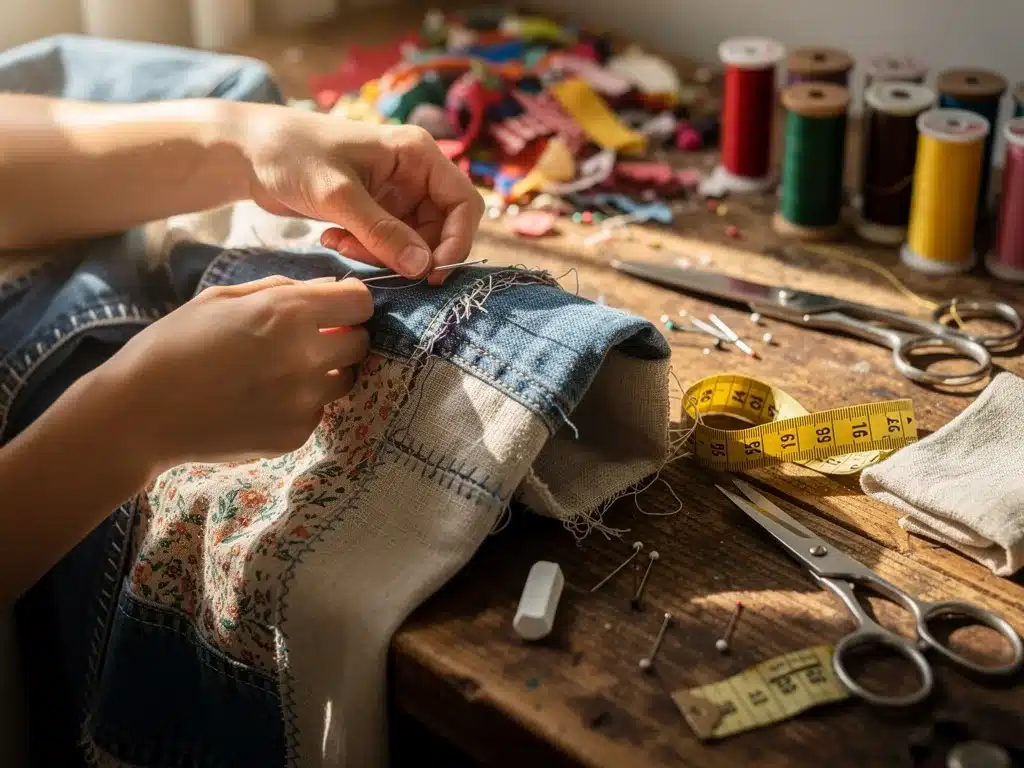 Hands crafting upcycled fashion to promote sustainability