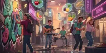 Urban landscape with creative individuals and glowing nutrition elements.