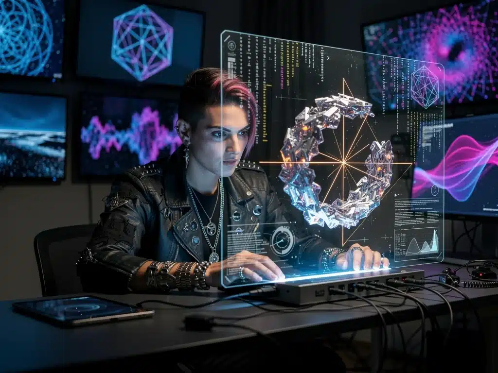 Artist using holographic interface to create AI-generated procedural art.