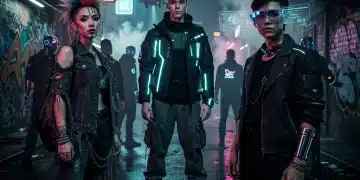 Diverse individuals displaying cyber-punk aesthetics in a neon-lit urban alley at night.