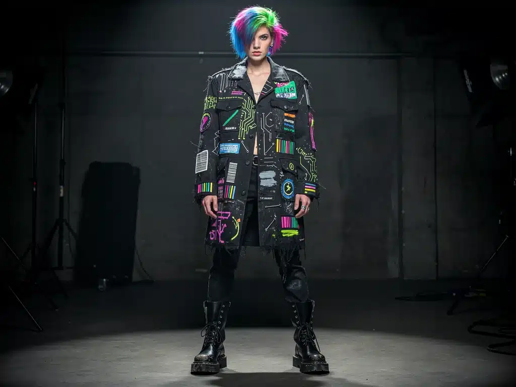 Model in DIY patch jacket with hand-painted cyber-punk motifs, vibrant hair, and combat boots.