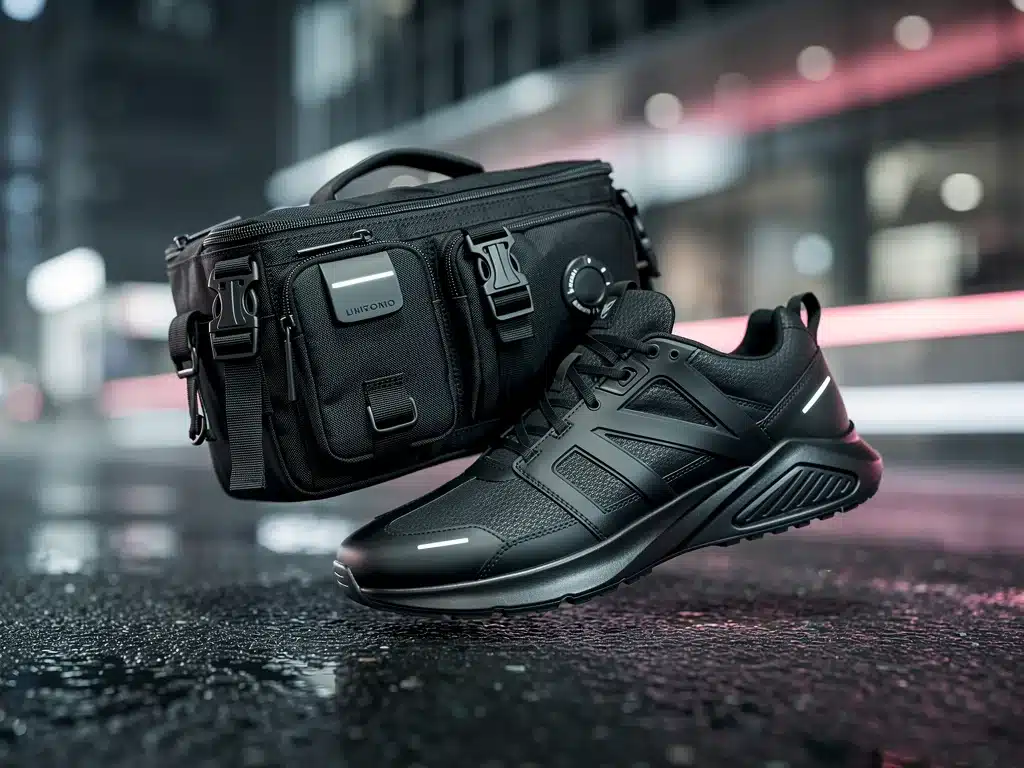 Dynamic shot of a multi-functional techwear messenger bag or high-performance sneakers