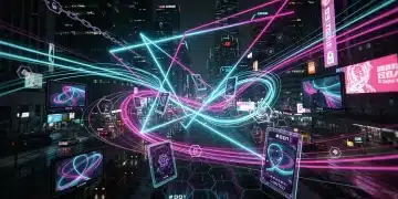 Futuristic digital art with neon lines and blockchain symbols representing NFT trends.