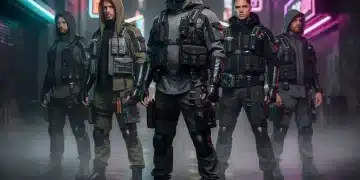 Futuristic techwear fashion models in an urban setting, showcasing new designs for 2026