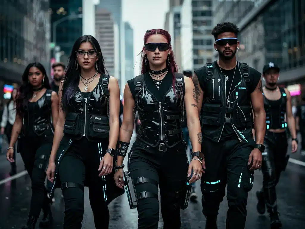Diverse group of Gen Z individuals sporting Goth-Tech fashion on city street