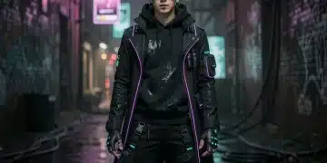 Gen Z individual in Goth-Tech attire with futuristic elements in urban setting