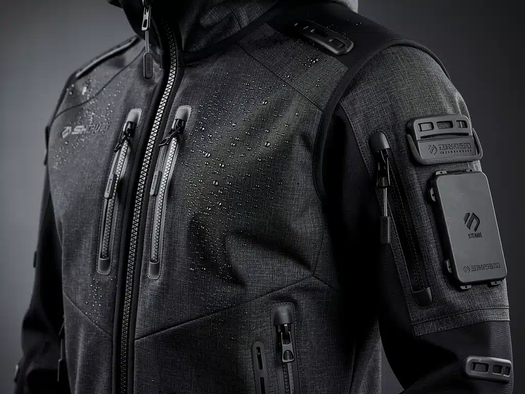 Close-up of an innovative techwear jacket with advanced materials and modular design elements