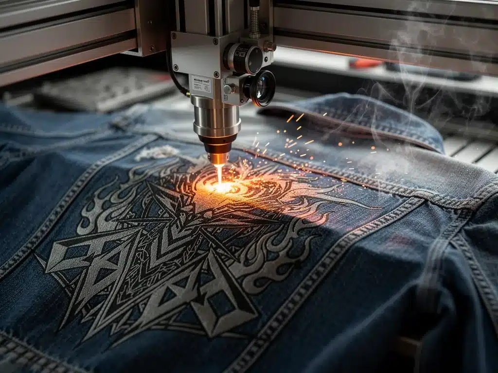 Laser etching intricate design onto a denim jacket