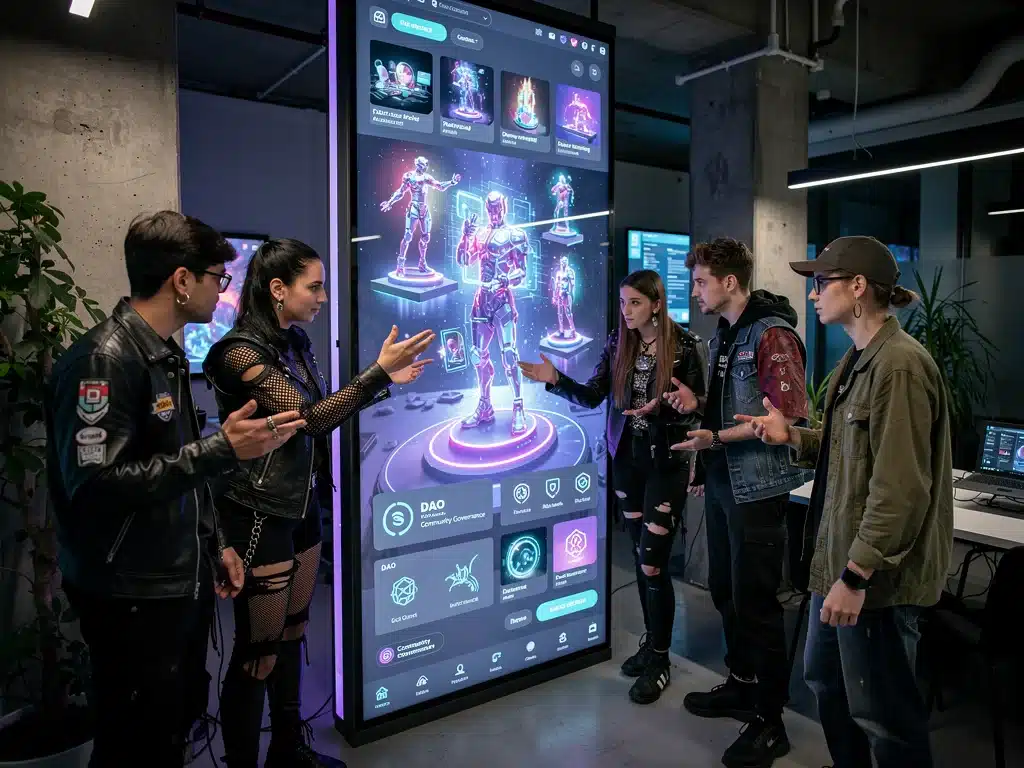 Community engaging with metaverse art gallery and DAO governance.