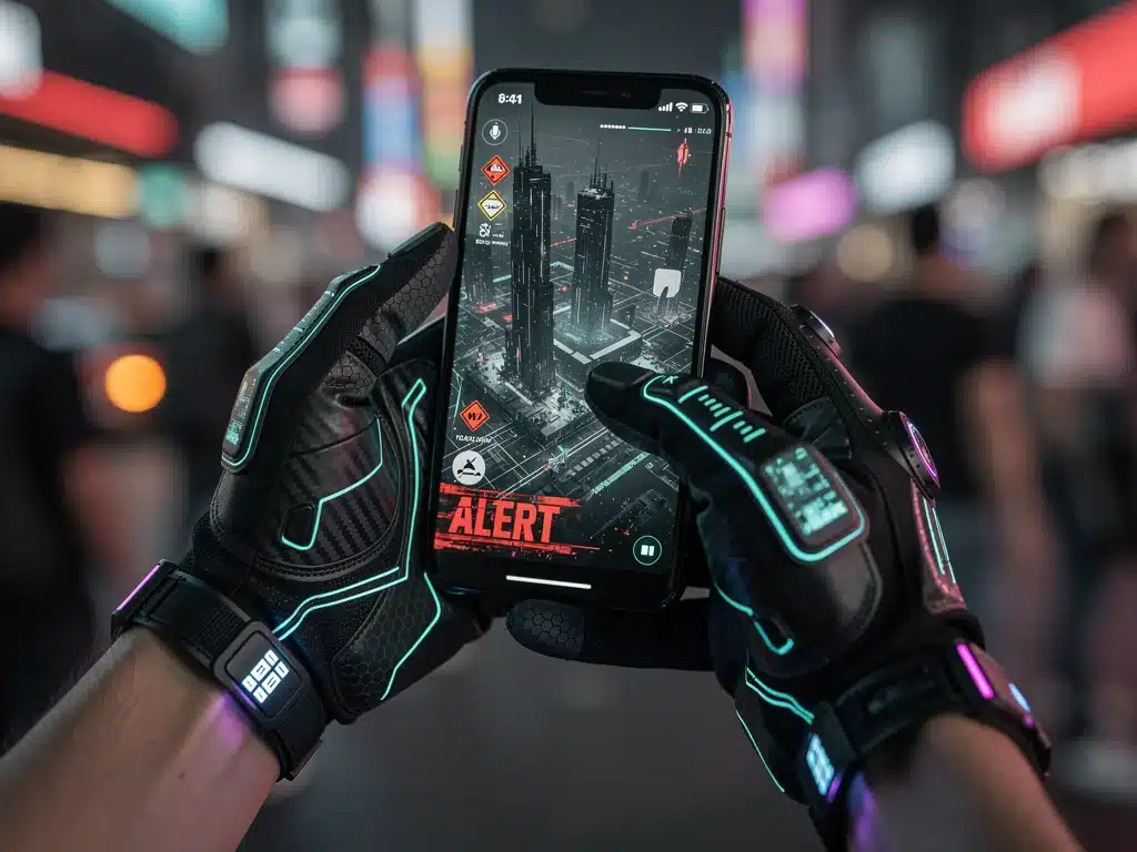 Close-up of techwear gloves with integrated touchscreens and glowing accents, holding a smartphone.