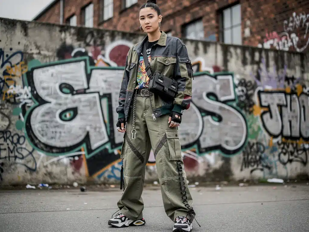 Model in urban setting wearing underground fashion collaboration outfit