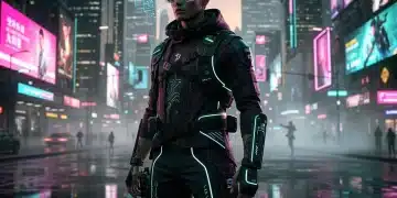 Cyberpunk fashion enthusiast in a neon-lit futuristic cityscape at dusk, showcasing 2026 trends.
