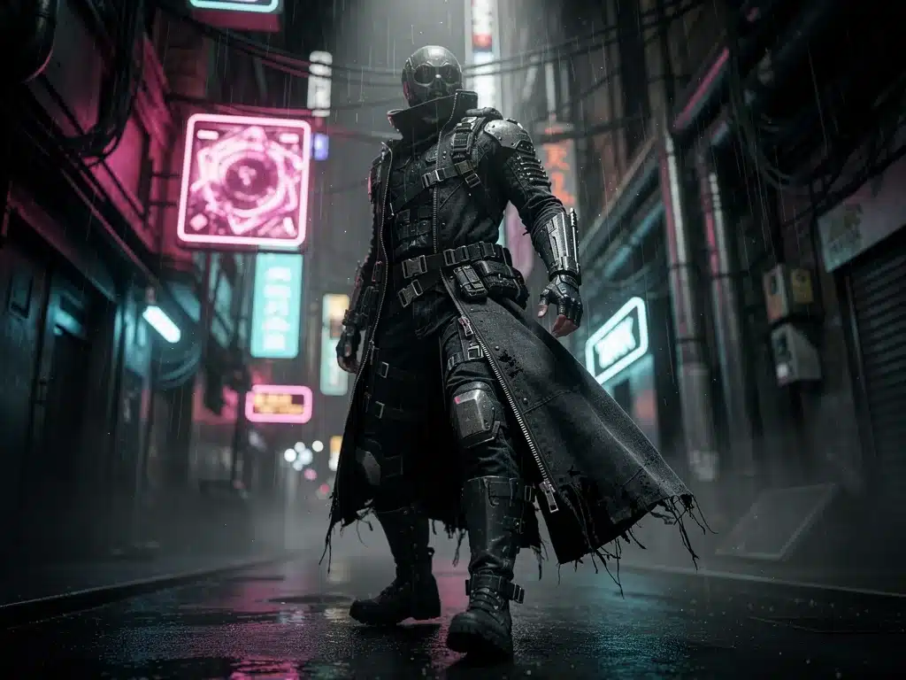 Person in multi-layered, distressed cyberpunk outfit walking in a dystopian alley.